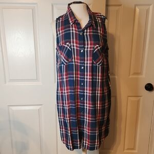 Tommy Hilfiger Navy and Red Plaid Sleeveless Button Front Dress